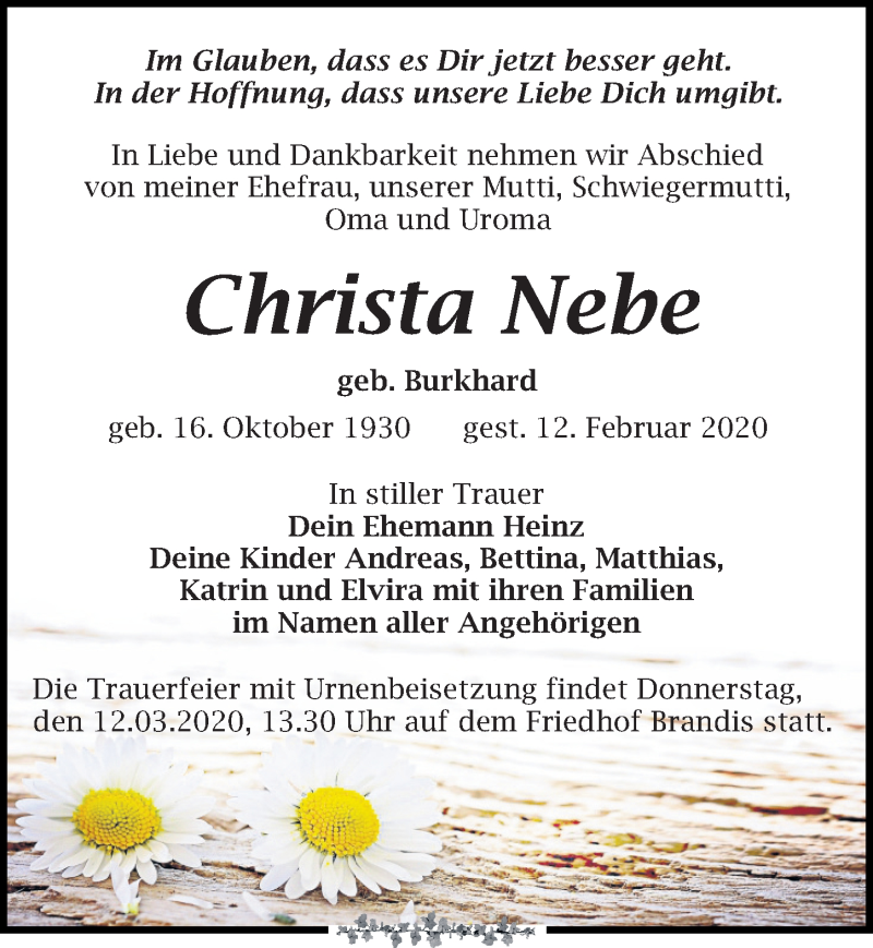  Traueranzeige für Christa Nebe vom 29.02.2020 aus Leipziger Volkszeitung
