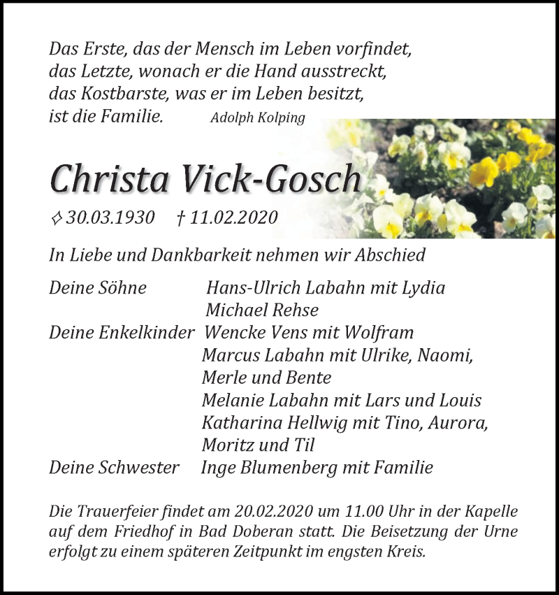  Traueranzeige für Christa Vick-Gosch vom 18.02.2020 aus Ostsee-Zeitung GmbH