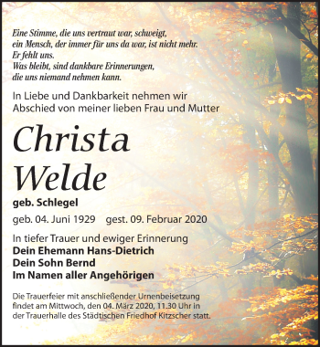 Traueranzeige von Christa Welde von Leipziger Volkszeitung