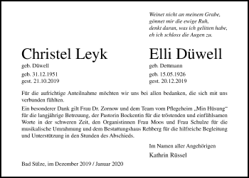 Traueranzeige von Christel Leyk von Ostsee-Zeitung GmbH