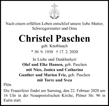 Traueranzeige von Christel Paschen von Kieler Nachrichten