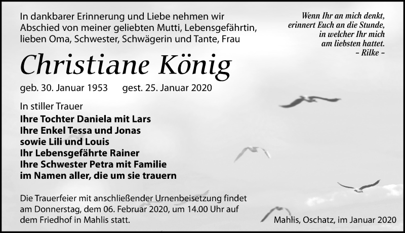  Traueranzeige für Christiane König vom 01.02.2020 aus Leipziger Volkszeitung