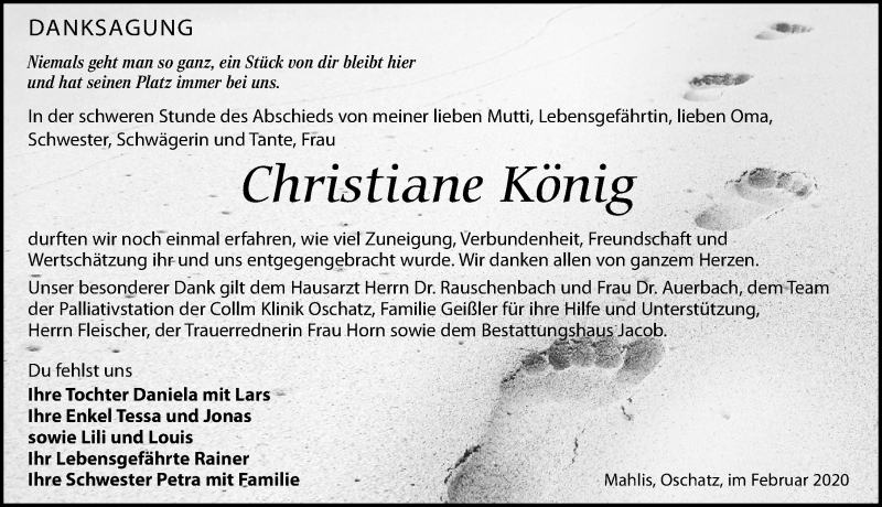  Traueranzeige für Christiane König vom 15.02.2020 aus Leipziger Volkszeitung
