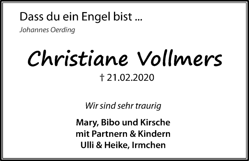  Traueranzeige für Christiane Vollmers vom 29.02.2020 aus Kieler Nachrichten