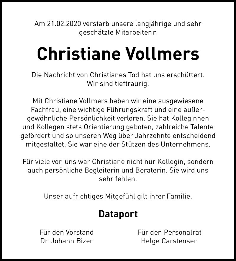  Traueranzeige für Christiane Vollmers vom 29.02.2020 aus Kieler Nachrichten