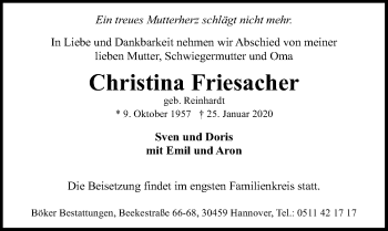Traueranzeige von Christina Friesacher von Hannoversche Allgemeine Zeitung/Neue Presse