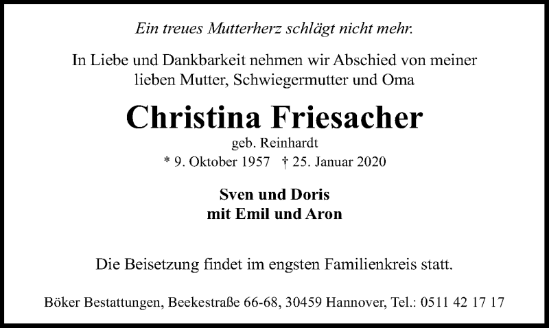  Traueranzeige für Christina Friesacher vom 01.02.2020 aus Hannoversche Allgemeine Zeitung/Neue Presse