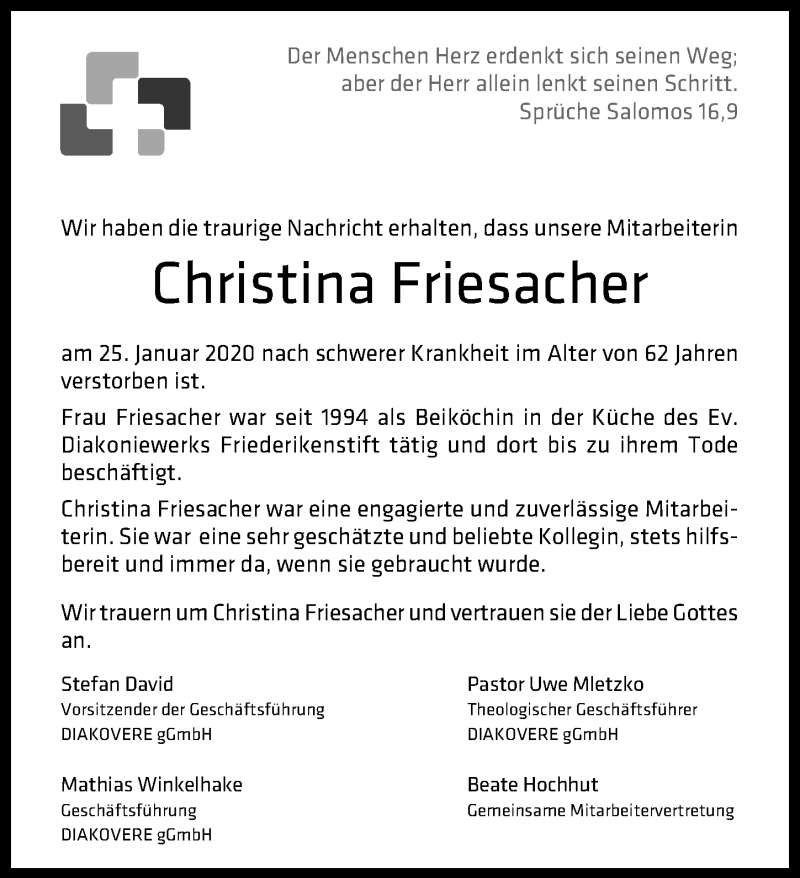  Traueranzeige für Christina Friesacher vom 01.02.2020 aus Hannoversche Allgemeine Zeitung/Neue Presse