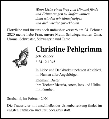 Traueranzeige von Christine Pehlgrimm von Ostsee-Zeitung GmbH