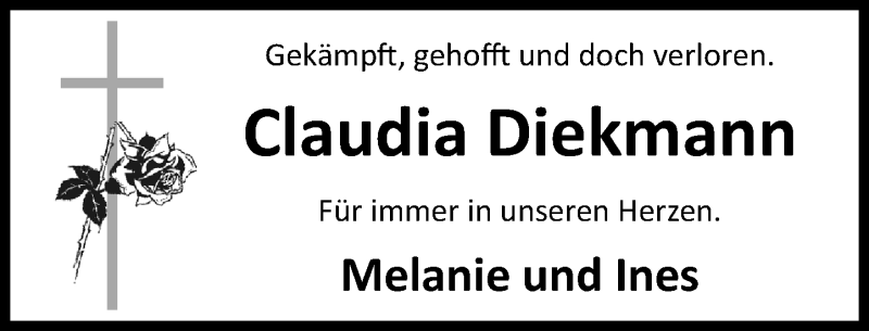  Traueranzeige für Claudia Diekmann vom 01.02.2020 aus Schaumburger Nachrichten