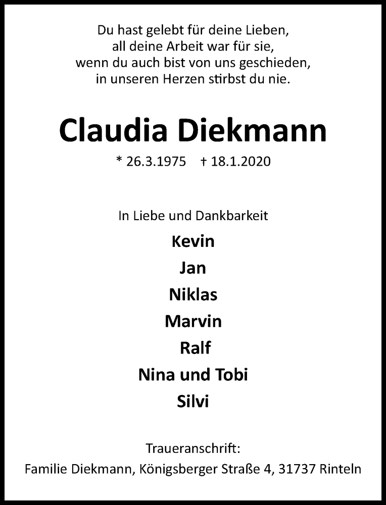 Traueranzeige für Claudia Diekmann vom 01.02.2020 aus Schaumburger Nachrichten