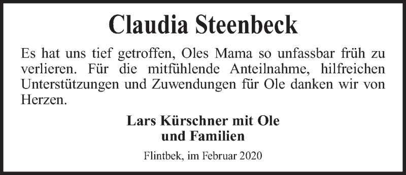  Traueranzeige für Claudia Steenbeck vom 08.02.2020 aus Kieler Nachrichten