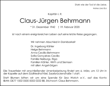 Traueranzeige von Claus-Jürgen Behrmann von Kieler Nachrichten