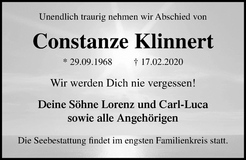  Traueranzeige für Constanze Klinnert vom 22.02.2020 aus Ostsee-Zeitung GmbH