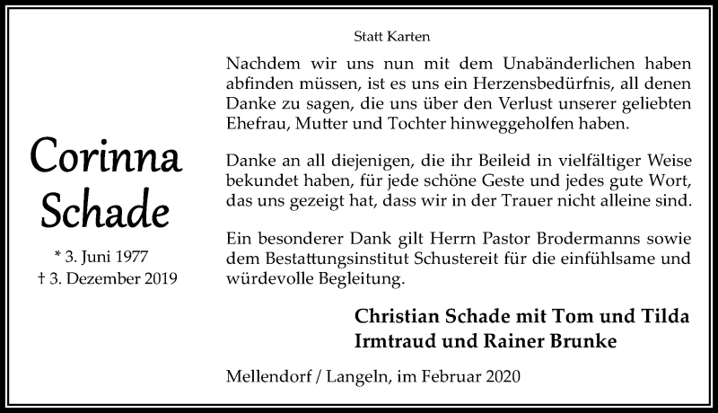  Traueranzeige für Corinna Schade vom 08.02.2020 aus Hannoversche Allgemeine Zeitung/Neue Presse