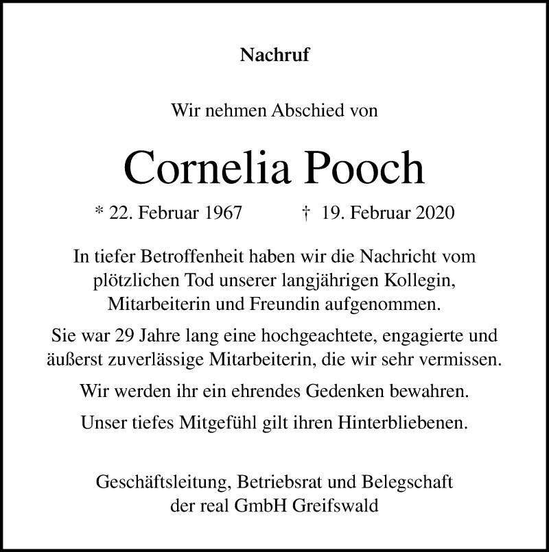  Traueranzeige für Cornelia Pooch vom 29.02.2020 aus Ostsee-Zeitung GmbH