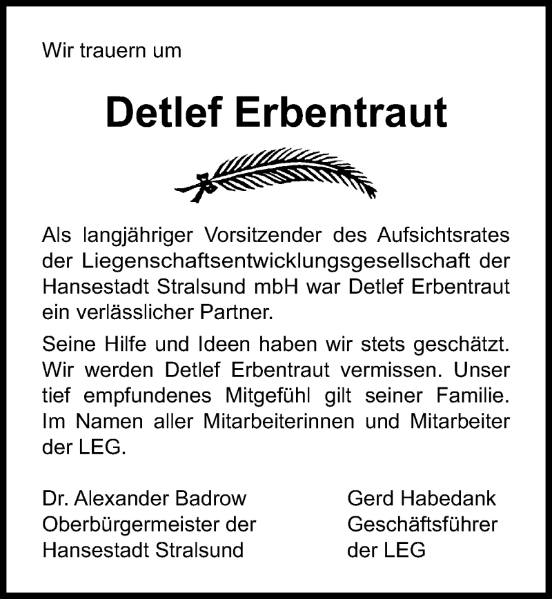  Traueranzeige für Detlef Erbentraut vom 08.02.2020 aus Ostsee-Zeitung GmbH