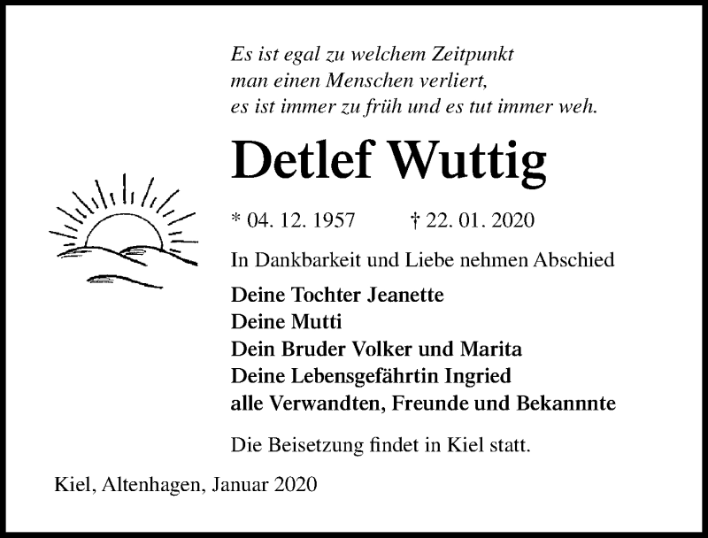  Traueranzeige für Detlef Wuttig vom 08.02.2020 aus Ostsee-Zeitung GmbH