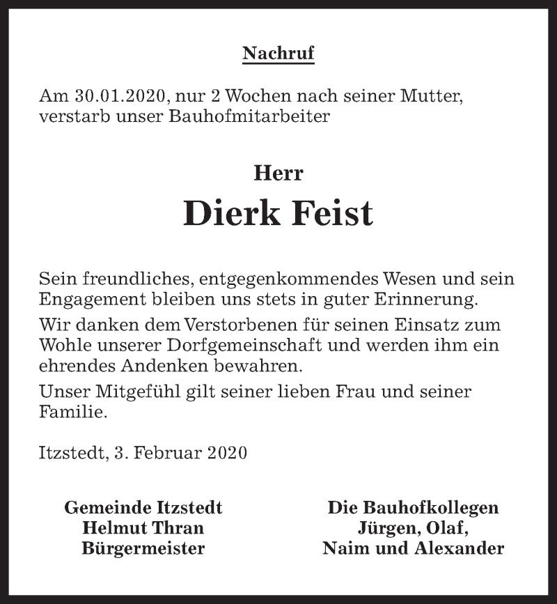  Traueranzeige für Dierk Feist vom 08.02.2020 aus Kieler Nachrichten