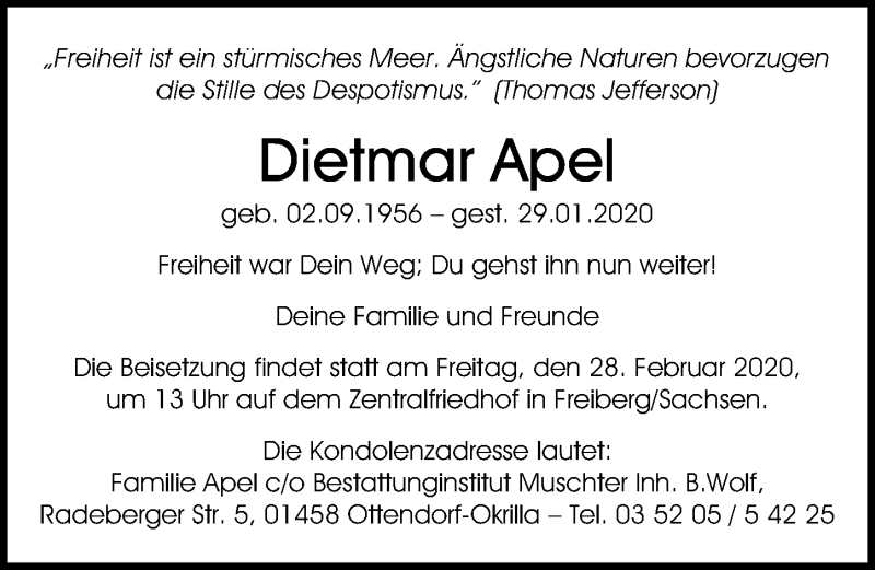  Traueranzeige für Dietmar Apel vom 15.02.2020 aus Ostsee-Zeitung GmbH