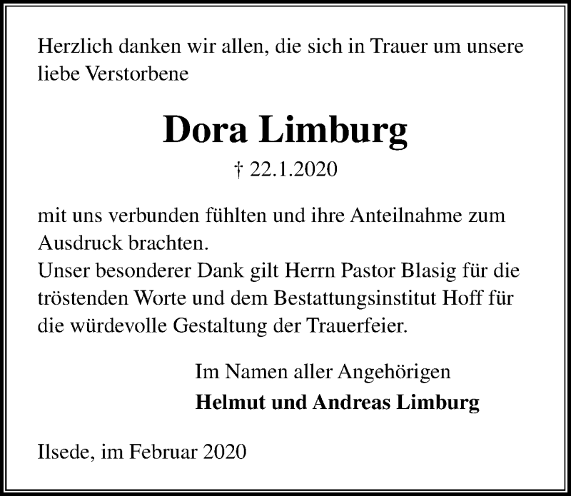  Traueranzeige für Dora Limburg vom 28.02.2020 aus Peiner Allgemeine Zeitung