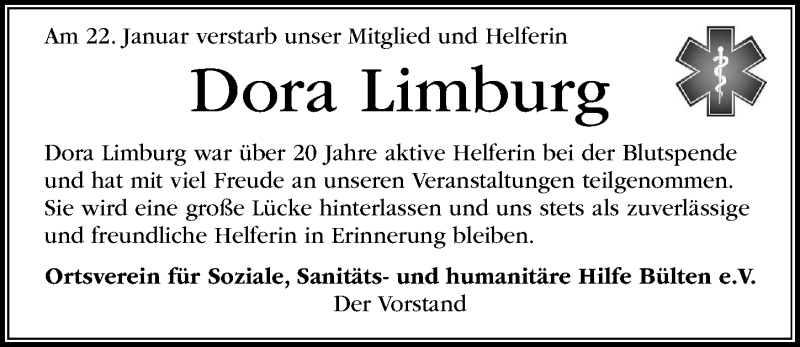 Traueranzeige für Dora Limburg vom 07.02.2020 aus Peiner Allgemeine Zeitung