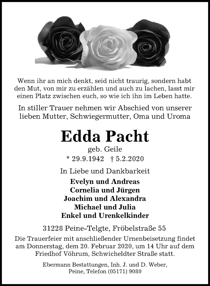  Traueranzeige für Edda Pacht vom 08.02.2020 aus Peiner Allgemeine Zeitung
