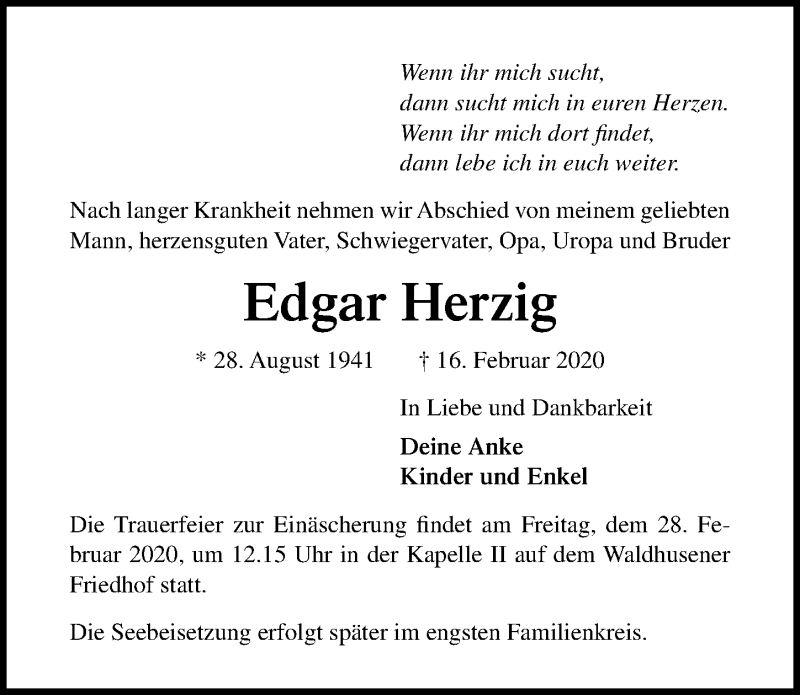  Traueranzeige für Edgar Herzig vom 23.02.2020 aus Lübecker Nachrichten