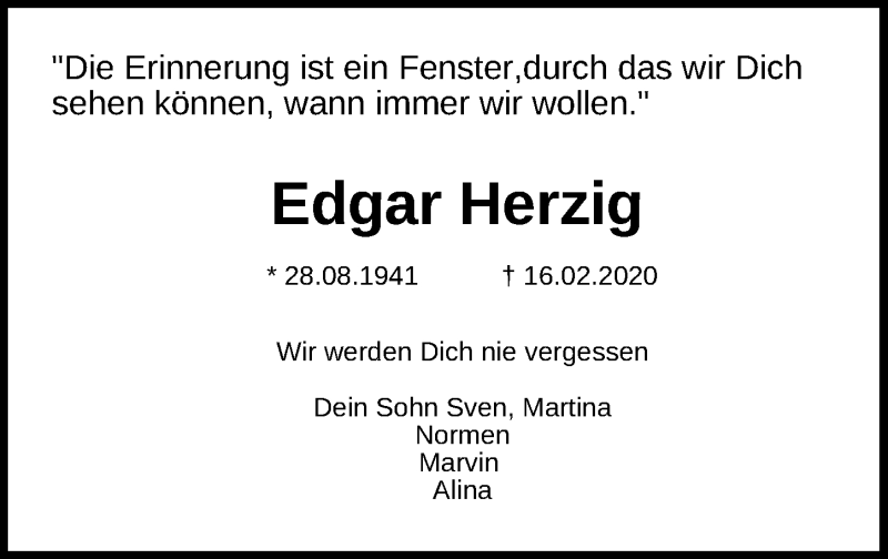  Traueranzeige für Edgar Herzig vom 23.02.2020 aus Lübecker Nachrichten