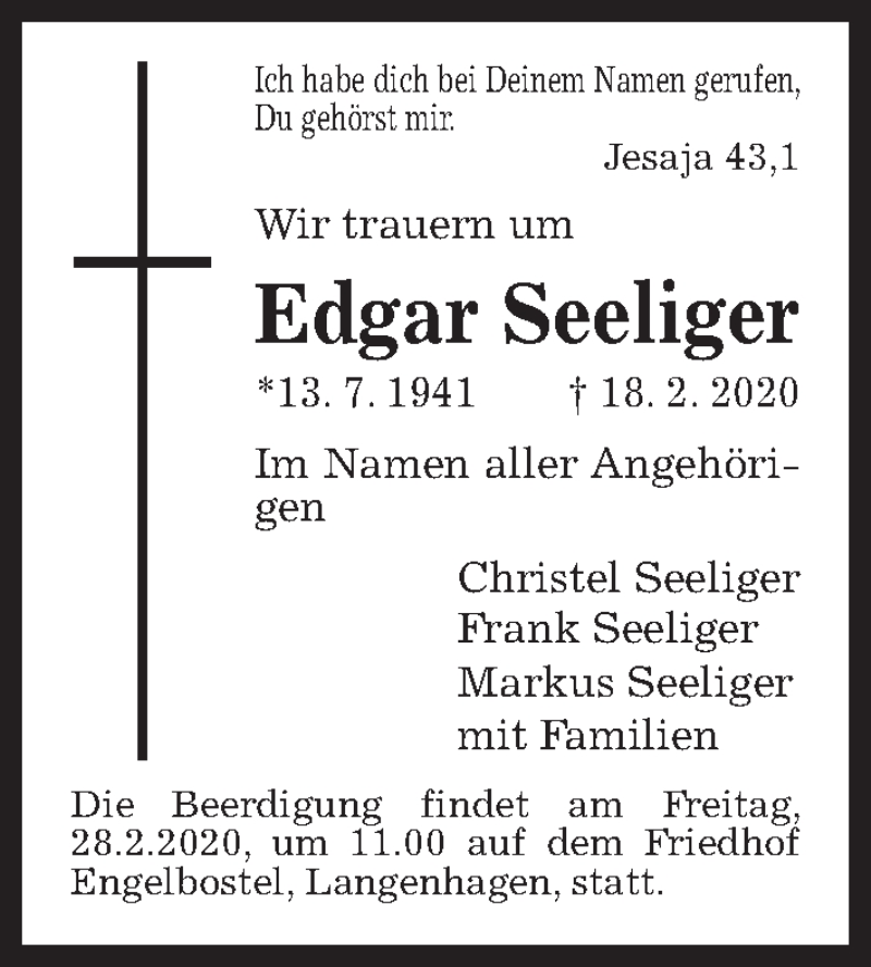  Traueranzeige für Edgar Seeliger vom 22.02.2020 aus Hannoversche Allgemeine Zeitung/Neue Presse