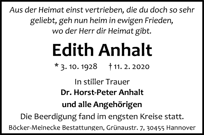  Traueranzeige für Edith Anhalt vom 22.02.2020 aus Hannoversche Allgemeine Zeitung/Neue Presse