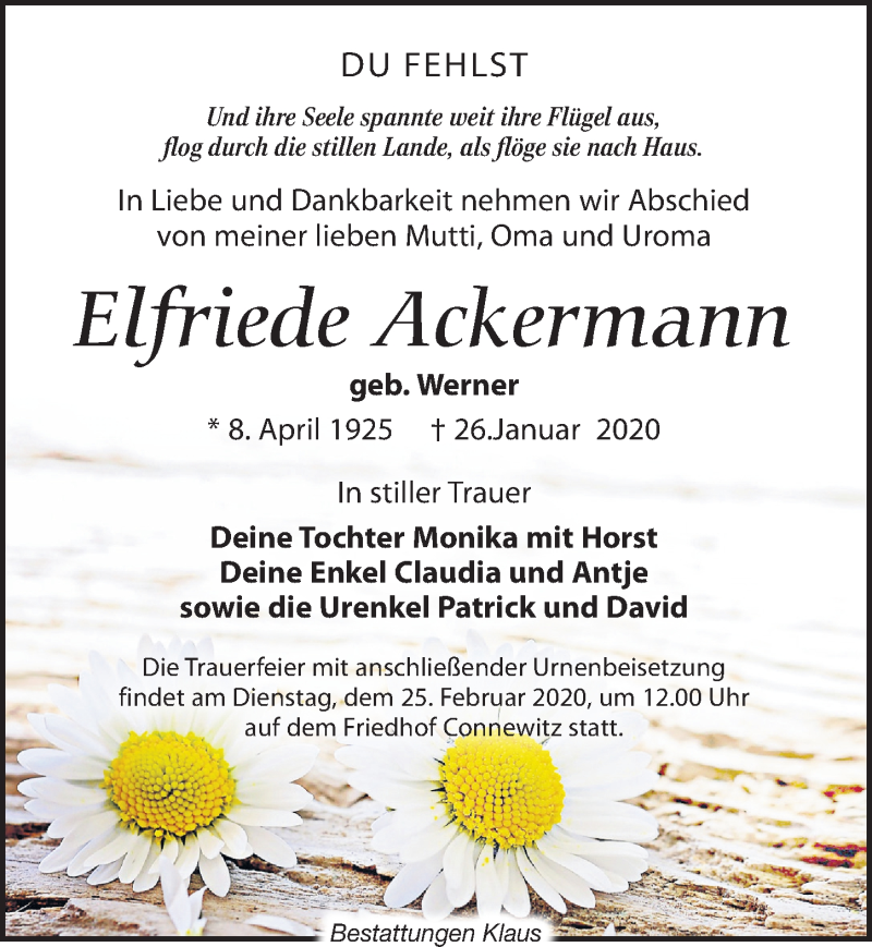  Traueranzeige für Elfriede Ackermann vom 08.02.2020 aus Leipziger Volkszeitung