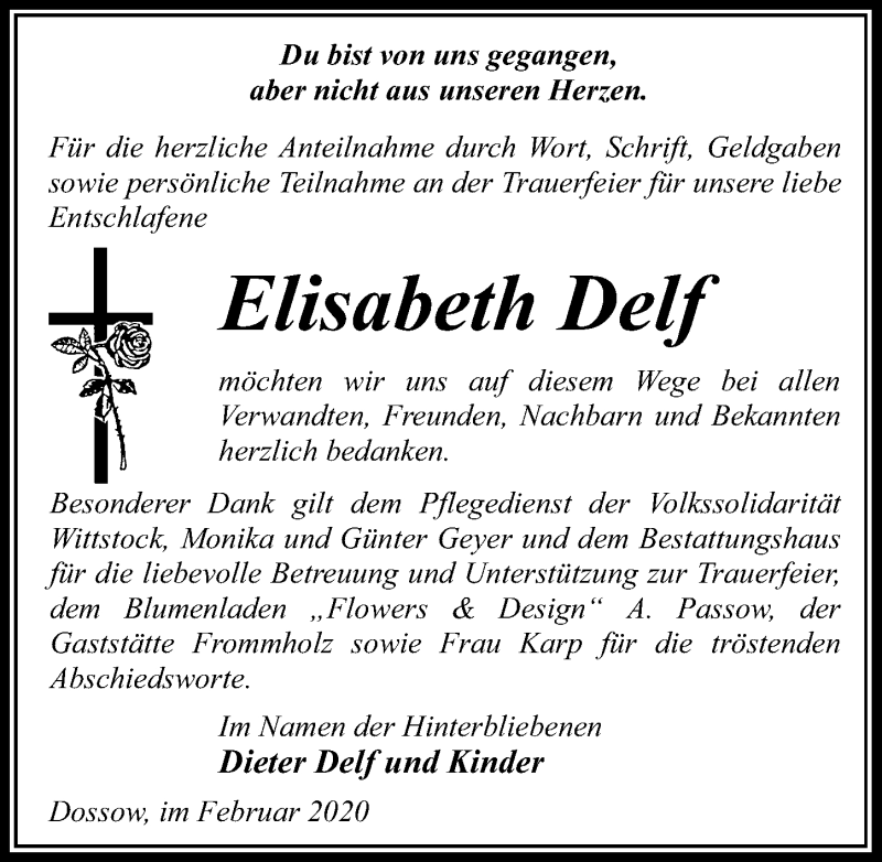  Traueranzeige für Elisabeth Delf vom 08.02.2020 aus Märkischen Allgemeine Zeitung