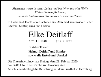 Traueranzeige von Elke Deitlaff von Lübecker Nachrichten
