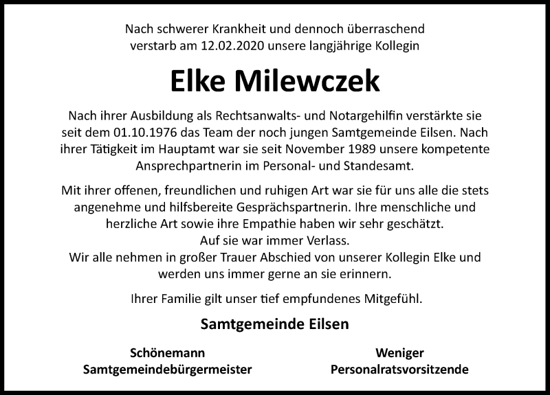  Traueranzeige für Elke Milewczek vom 18.02.2020 aus Schaumburger Nachrichten