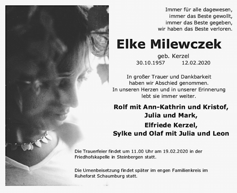  Traueranzeige für Elke Milewczek vom 15.02.2020 aus Schaumburger Nachrichten