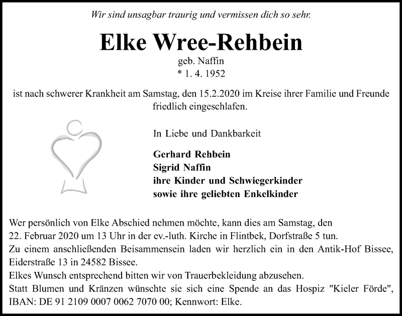  Traueranzeige für Elke Wree-Rehbein vom 19.02.2020 aus Kieler Nachrichten