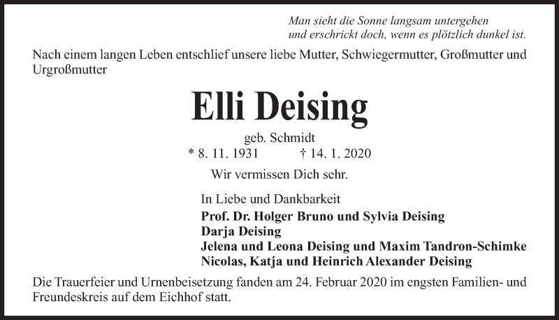  Traueranzeige für Elli Deising vom 29.02.2020 aus Kieler Nachrichten