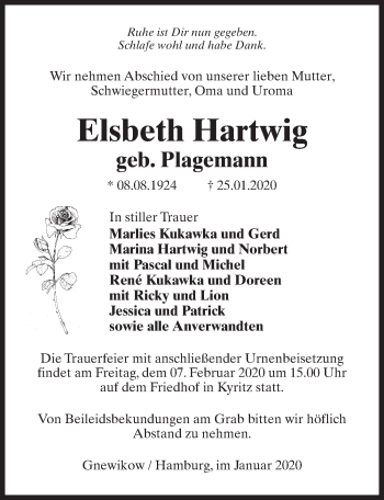Traueranzeige von Elsbeth Hartwig von Märkischen Allgemeine Zeitung