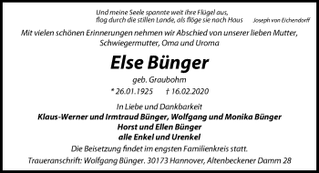 Traueranzeige von Else Bünger von Hannoversche Allgemeine Zeitung/Neue Presse