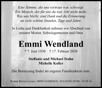 Traueranzeige von Emmi Wendland von Hannoversche Allgemeine Zeitung/Neue Presse