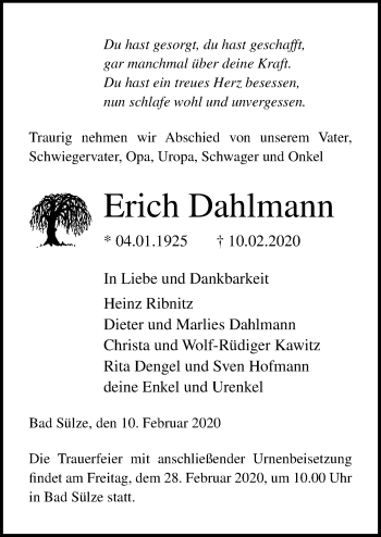 Traueranzeige von Erich Dahlmann von Ostsee-Zeitung GmbH