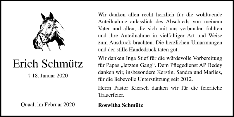  Traueranzeige für Erich Schmütz vom 26.02.2020 aus Lübecker Nachrichten