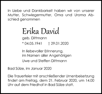 Traueranzeige von Erika David von Ostsee-Zeitung GmbH