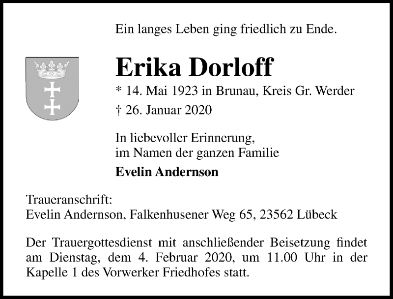  Traueranzeige für Erika Dorloff vom 02.02.2020 aus Lübecker Nachrichten