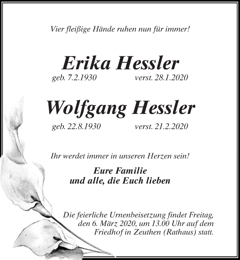  Traueranzeige für Erika Hessler vom 22.02.2020 aus Märkischen Allgemeine Zeitung