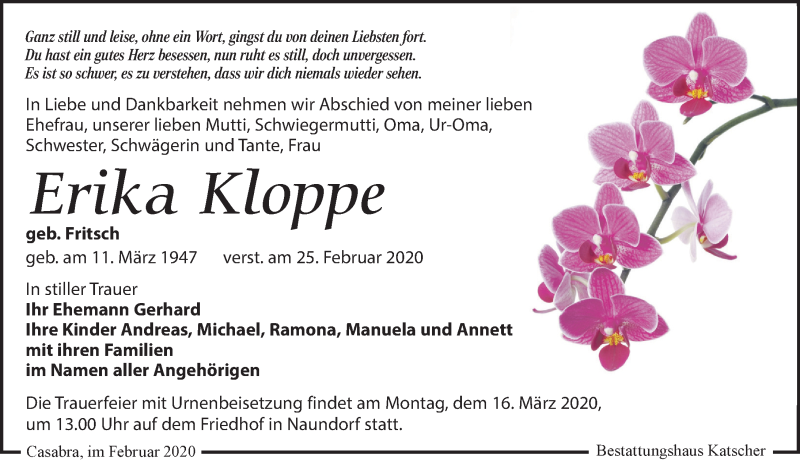  Traueranzeige für Erika Kloppe vom 29.02.2020 aus Leipziger Volkszeitung