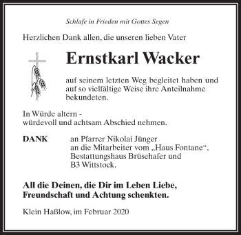 Traueranzeige von Ernstkarl Wacker von Märkischen Allgemeine Zeitung