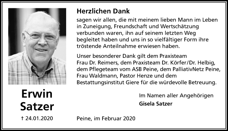  Traueranzeige für Erwin Satzer vom 29.02.2020 aus Peiner Allgemeine Zeitung