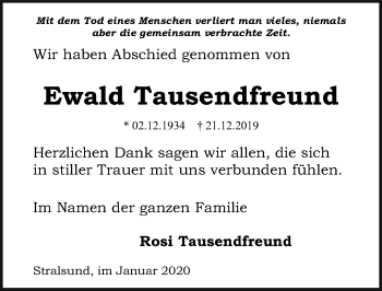 Traueranzeige von Ewald Tausendfreund von Ostsee-Zeitung GmbH